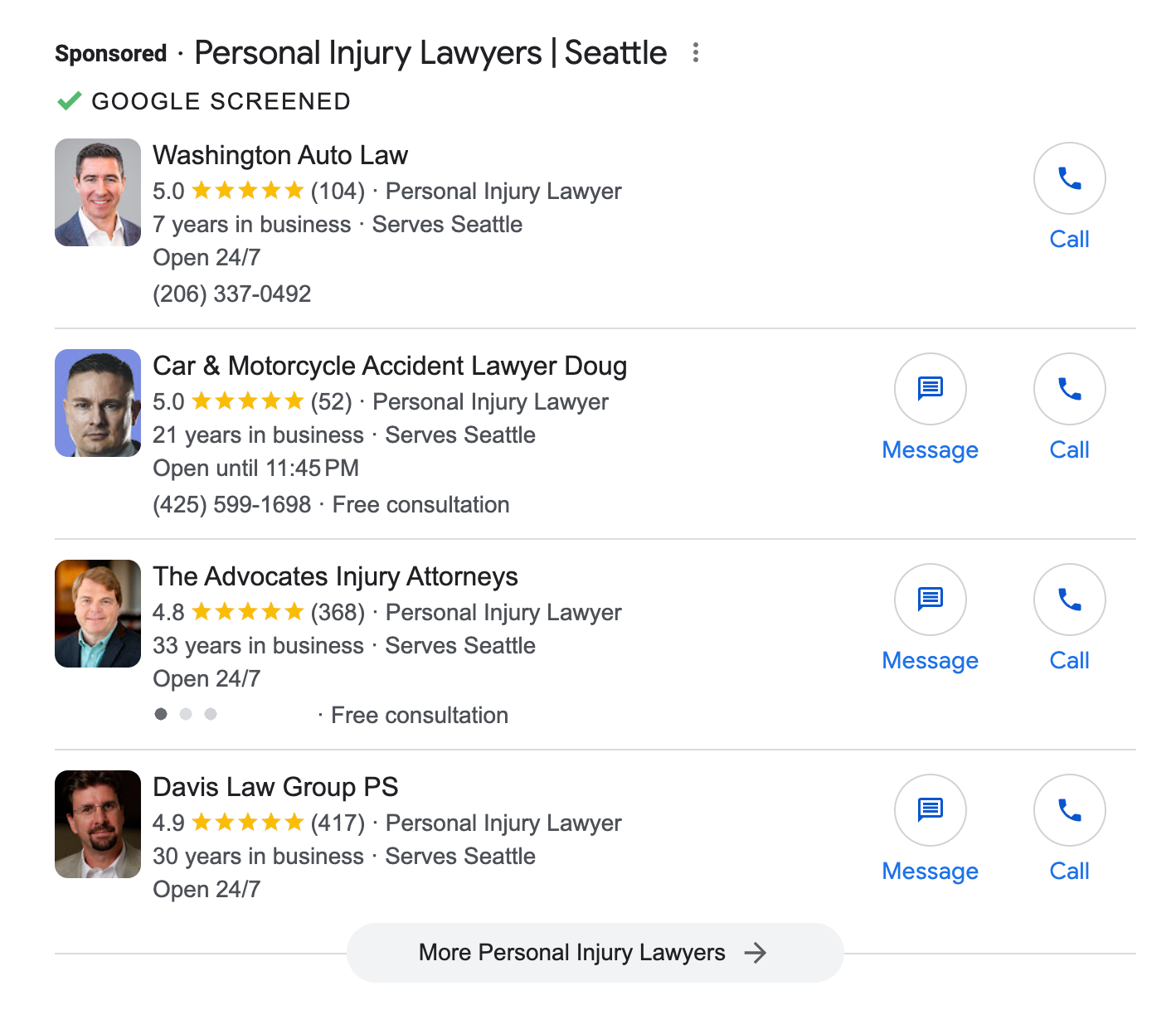 Personal Injury Lawyer Local Services Ads results for Seattle