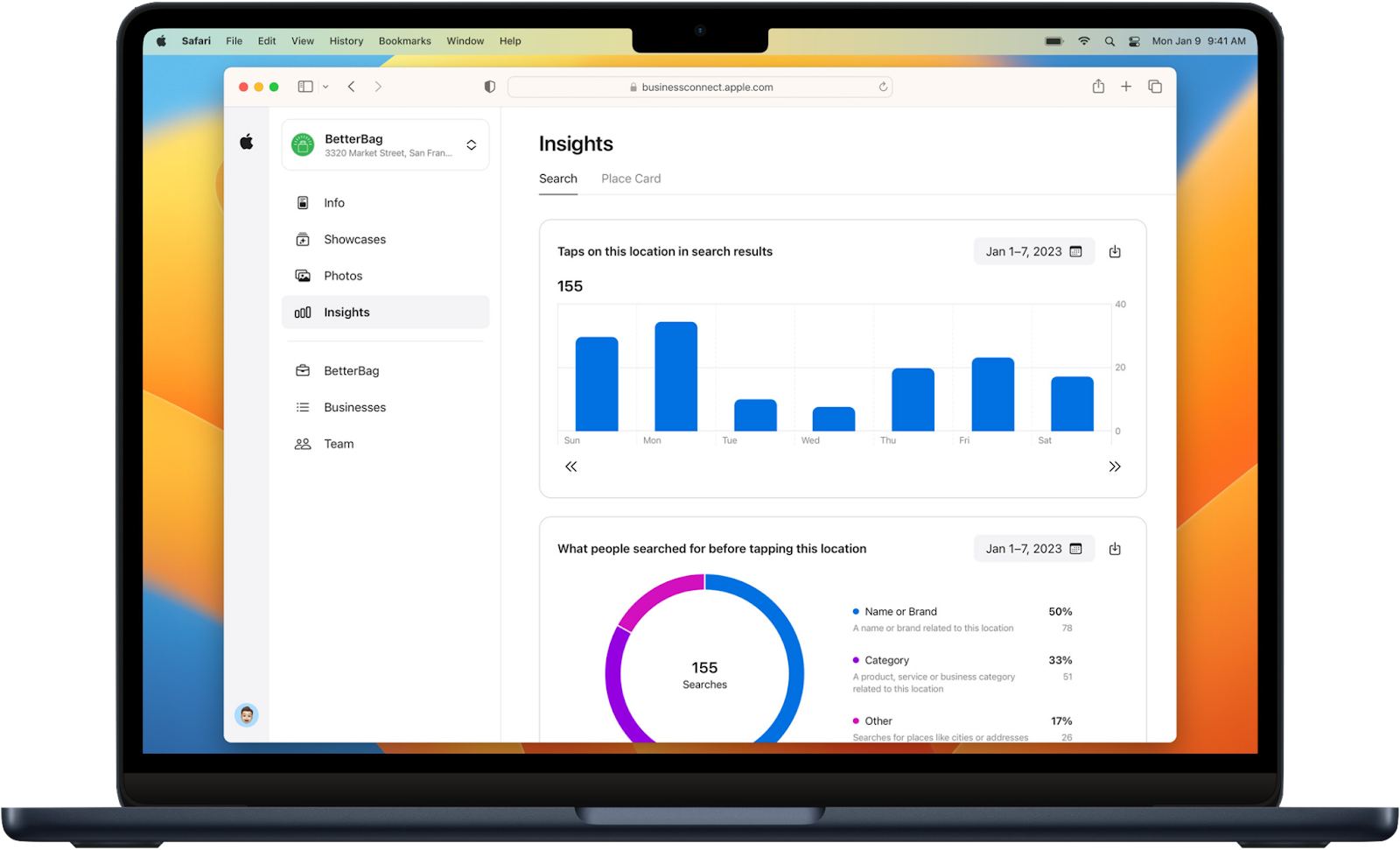 Computer screen displaying the Insights tab on Apple Business Connect