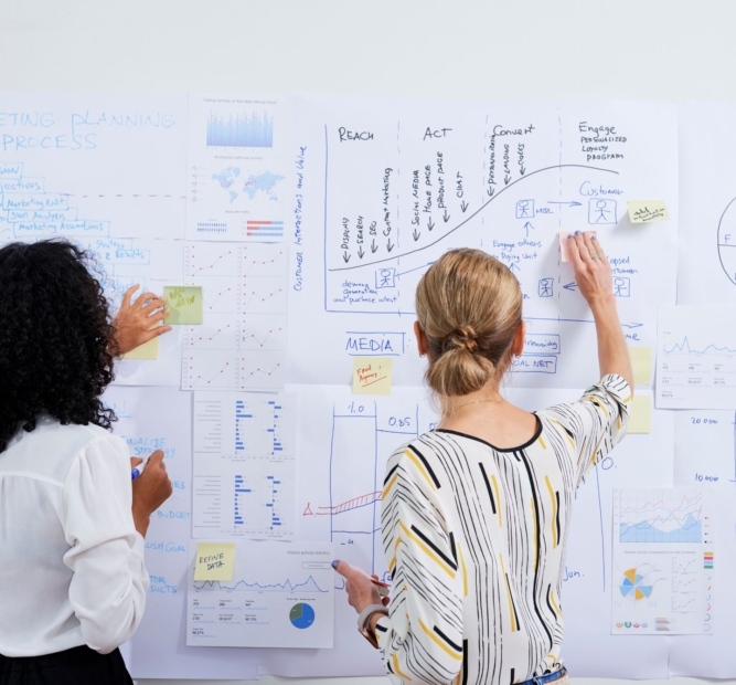 two female marketers planning on a whiteboard